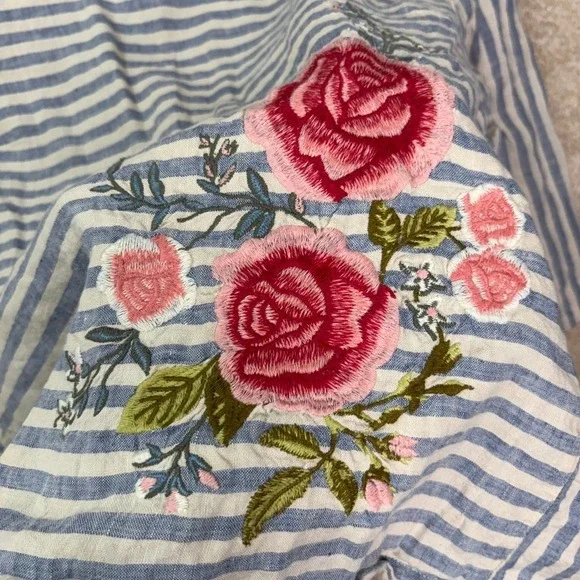 J. JILL Love Linen Top Women's Large Petite LP Stripe Floral Embroidered - Picture 5 of 7